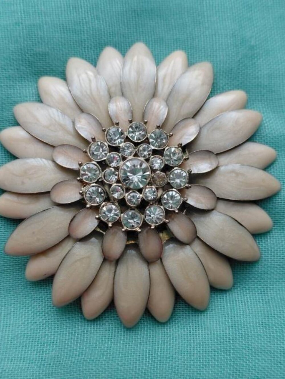 Vintage Style Flower Brooch Cream Beige Petal Rhinestone Statement Pin